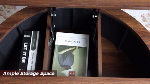 Lift Top Coffee Table with Storage, Fluted Round Center Table with Sliding Cabinet Door, Small Circle Table for Living Room, Walnut