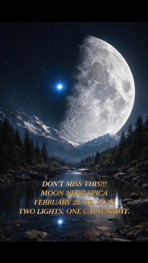 🌙⭐ Moon Near Spica — February 21–22, 2026 On the nights of February 21–22, 2026, the Moon will pass close to Spica, the brightest star in the constellation Virgo, forming a beautiful duo in the late-night sky. ⏰ Best time to watch: • About 10:00 PM to 4:00 AM (local time) • The view becomes clearer after midnight as the Moon and Spica climb higher above the horizon 📍 Where to look: • Face the eastern sky in the late evening, then look toward the south after midnight • Find a bright bluish-whit