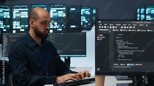 Technician using PC in high tech server hub facility to safeguard data from intruding hackers. Engineer protecting blade servers against unauthorized access, securing system from malicious traffic