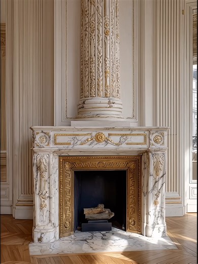 Louis XVI Neoclassical Fireplace in White Carrara Marble - 18th Century French Antique Experience the timeless elegance of an authentic Louis XVI Neoclassical fireplace in white Carrara statuary marble. This 18th century French antique features exquisite hand-carved details including fluted columns with ornate pearl motifs (perlage connected by delicate marble thread - Pietrasanta master craftsmanship), acanthus leaf capitals, Greek key pattern frieze, and paterae rosettes at corners. Set within