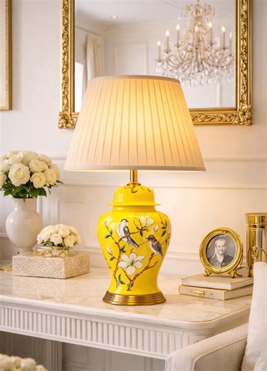 Yellow Ceramic Table Lamp With Birds – Vintage Style Bedside Lamp, Luxury Living Room Decor - Etsy