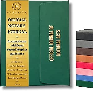 JC Classics Notary Journal Log Book Hardcover with Privacy Guard - Notary Log Book with 522 Notarial Record Entries - Compliant Notary Journal for Notaries for All States Except HI (Green)