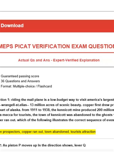 MEPS PICAT Verification Exam 2026 🚀🔥 Real Practice Questions Expert-Verified Answers to Protect Your Score 💯📘 Preparing for your MEPS PICAT Verification in 2026? ⚠️ This is the final step that confirms your PICAT results before enlistment — so accuracy, confidence, and smart preparation are essential 🎖️✨ This updated 2026 practice guide includes 36 realistic verification-style questions designed to reflect the structure and difficulty of the actual exam. Each question includes clear, expert