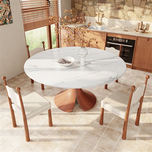 George Oliver 47‘’/53‘’/59‘’ Farmhouse Round Sintered Stone Dining Table - Sculptural Solid Hardwood Pedestal For 4-8 | Wayfair