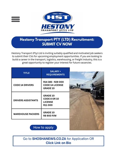 Hestony Truck Drivers Vacancies 2026 – Apply Now