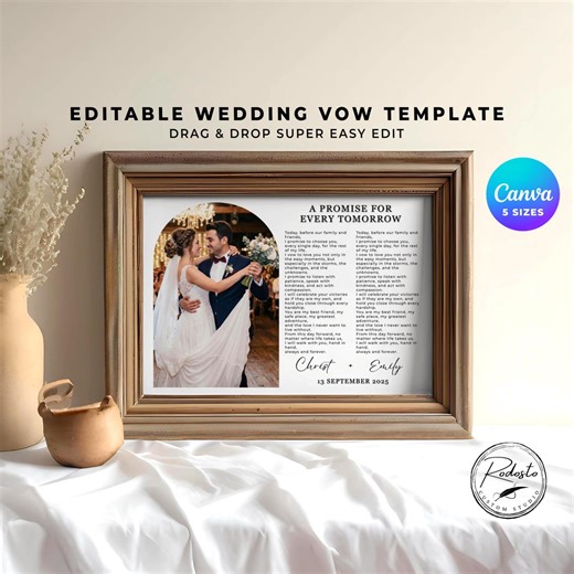 Editable Wedding Vow Template With Photo, His and Hers Vow Poster, First Anniversary Gift, Customcouple Gift, Bride and Groom Sign - Etsy
