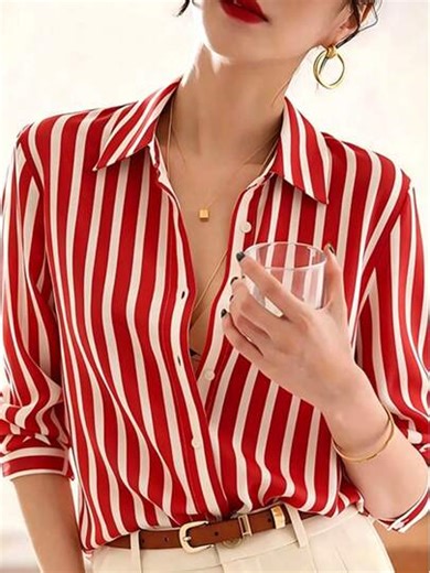 New Loose Long Sleeve Women Shirt, Solid Color Button-Up Blouse Red | SHEIN