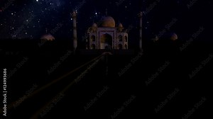 Taj Mahal at night, starry sky timelapse