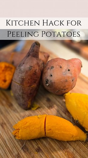 The easiest hack for peeling potatoes 🥔 Whether you're making sweet potato casserole or mashed potatoes, this one trick will save you a ton of time in the kitchen. #howto #tipsandtricks #kitchenhacks #lifeskill #fromscratch #boiledpotatoes #holidaycooking | Champagne & A Sippy Cup
