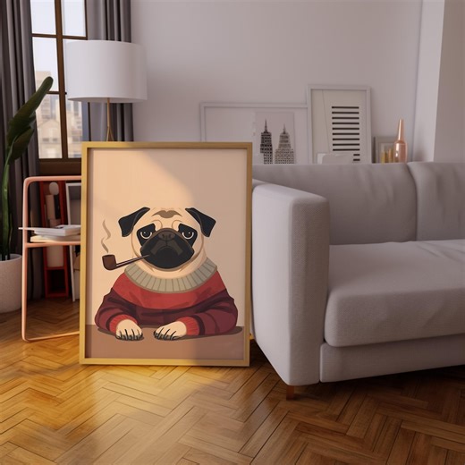 Pug Dog Wall Art Print : Whimsical Animal Illustration Decor - Etsy