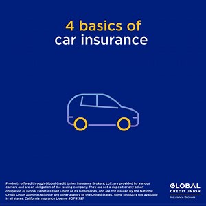 🚘 Car insurance protects you with different types of coverage. ➡️ Learn about the basic elements that most policies offer to protect yourself, your family, your car, and your assets. Get in touch with our insurance brokers to customize your policy. 🔗 globalcu.info/3Cvc05m Products offered through Global Credit Union Insurance Brokers, LLC. are provided by various carriers and are an obligation of the issuing company. They are not a deposit or any other obligation of Global Federal Credit Union