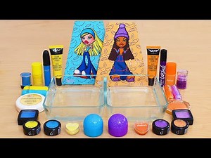 Blue & Yellow vs Purple & Orange - Mixing Makeup Eyeshadow Into Slime ASMR