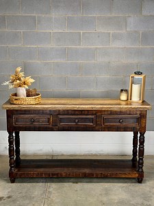 Rustic Solid Wood Sofa Table With 3 Drawers and Shelf | Dark Brown Pine Base With Reclaimed Wood Top | Casa Rustica - Etsy