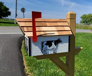 Cow Design Amish Mailbox, Handmade Barn Style Wooden Mailbox With Tall Prominent Sturdy Flag and Cedar Roof - Etsy