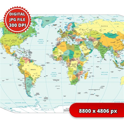 印刷可能な政治世界地図 – 300 DPI（デジタルダウンロード）JPG   PDF形式 - Etsy 日本