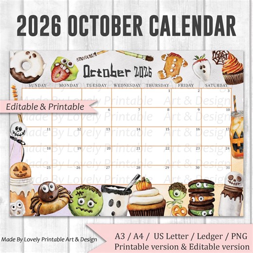 EDITABLE October Calendar, Cute Spooky Halloween Sweet Desserts, Printable Monthly Calendar Planner, Kids School Schedule, Instant Download - Etsy