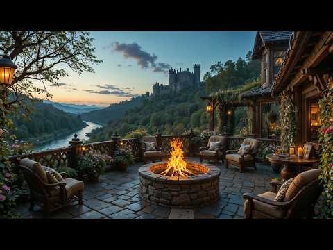 Serene Sunset Glow Hearth Terrace by Castle River 🌲🏰🔥 Celtic Music & Nature's Sounds for Relaxation