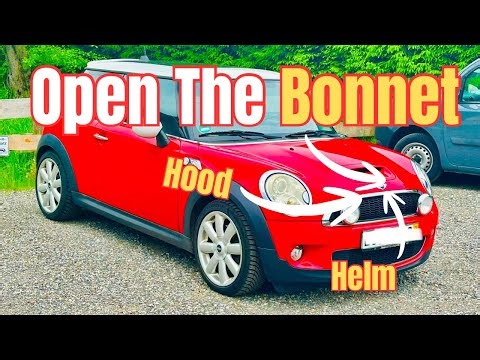 How to open the engine bonnet, hood, motor helm & find the battery. Mini Cooper