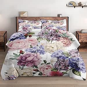 Queen Size Comforter Set with 2 Pillowcases, Painting Floral Rose Flower Hydrangea Soft 3 Pcs Bedding for Kids and Adults Bedroom Bed Decor