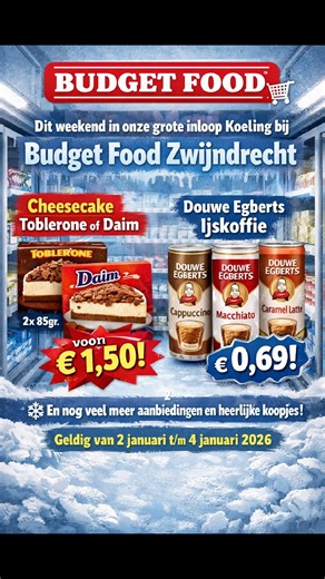 Dit weekend in onze grote inloop Koeling bij Budget Food Zwijndrecht Cheesecake Toblerone of Daim (2x85gr.) voor € 1,50! Of Douwe Egberts IJskoffie Cappuccino, Macchiato of Caramel Latte (230ml.) € 0,69! ❄ En nog veel meer aanbiedingen en heerlijke koopjes Geldig van 2 januari t/m 4 januari 2026. | Budget Food Zwijndrecht
