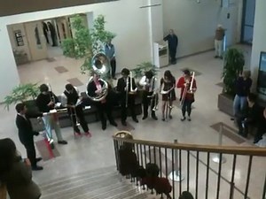 Bones and Phone section of Cal Aggie Band-Uh! serenading the Admissions office staff in Mrak Hall for Valentine's Day [please excuse the poor camerawork] | UC Davis | Facebook