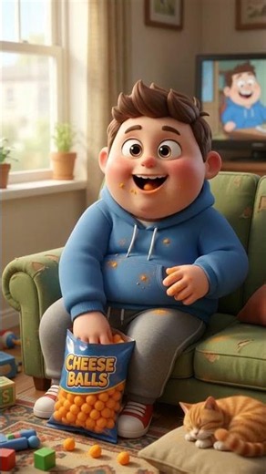 A boy eating cheese balls