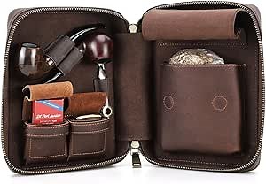 CONTACTS Full Grain Leather Pipe Tobacco Pouch Smoking Pipe Storage Organizer Humidor Accessories Lighter Holder Tobacco Pipes Travel Box for 2 Pipes