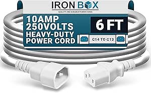 IronBox Electric C14 to C13 Power Cord - 10A/250V, 18/3 AWG SJT - UL Listed IEC Cable & Jumper Cords - Heavy Duty Power Extension Cord for Desktop Computer, Monitor, Projector, PDU & More (6ft, White)