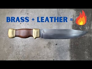 Making a leather stacked knife handle with brass guard and pommel on a 7" bowie | knife making