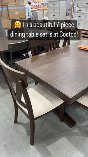 🤗 This beautiful 7-piece dining table set is at Costco! This includes an 18” self-storing leaf and 6 fabric upholstered chairs! It’s $1249.99! #costco #diningtable #kitchentable #tables