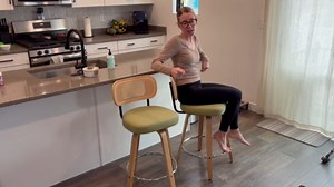 Natural Rattan Bar Stools Set of 2,Upholstered PU Leather Counter Height Barstools with Back and Bent Wood Legs,360°Swivel,Mid-Century Modern Bar Stool for Kitchen Island Dining Room and Bar(Black)