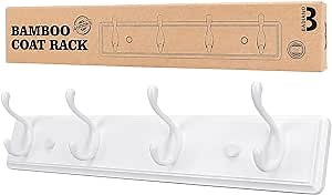 Badiano Wooden Coat Rack, Wall-Mounted Organizer for Closet, Entryway, Hallway, Foyer, Bedroom, Heavy Duty Double Hooks for Hanging Towels, Bags, Hats, Jackets, Key (White, 4 Hooks)