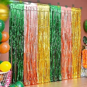 LOLStar Hawaiian Luau Party Decorations, 4 Packs 3.3x6.6 ft Green Brown and Yellow Foil Fringe Curtains Photo Booth Props, Tinsel Streamer Backdrop for Hawaiian Tropical Summer Aloha Party Decor