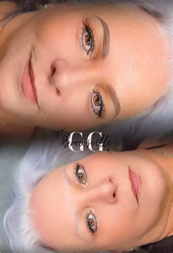 My client came in with two sessions of old permanent makeup — thin, gray, and almost washed out. In order for me to take her as a client, her brows had to be 70–80% faded, and with the photos she sent beforehand, I felt confident we could give her the look she wanted. 💕 She walked in so stylish — her gray hair perfectly done, her jewelry matching her whole vibe. She deserved bold, beautiful brows that complimented her face and personality. ✨ Her skin was unique… tough from her previous work but