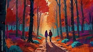 A couple walking hand-in-hand through a park filled with autumn leaves. The leaves rustle as they walk, accompanied by a mellow lo-fi track, overlay zoom OBS, anime chill hip hop. Cyan purple colours Stock Video