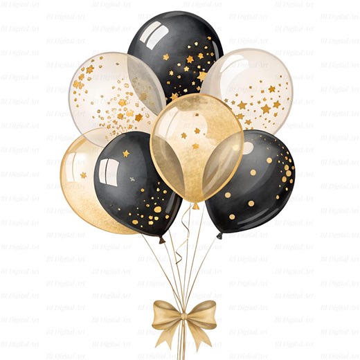 Black Gold Balloon Clipart, Watercolor Party & Graduation Balloons With Stars and Confetti, PNG | JPG Files, Digital Download - Etsy