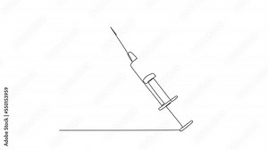 Self drawing animation of single line draw disposable syringe with needle. Applicable for vaccine injection, vaccination. Plastic syringe with needle. Continuous line draw. Full length animated