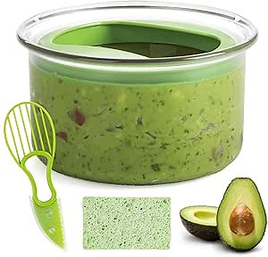 WodGod Guacamole Keeper(1 Pcs), Guacamole Bowls, Avocado Keeper Fresh Guacamole Plastic Kitchen Storage Container with Air Tight Lid, 3-in-1 Avocado Slicer and Cleaning sponge