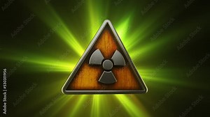 3D render animation of the radiation nuclear hazard symbol in a triangle on a green background depicting the danger of nuclear contamination.