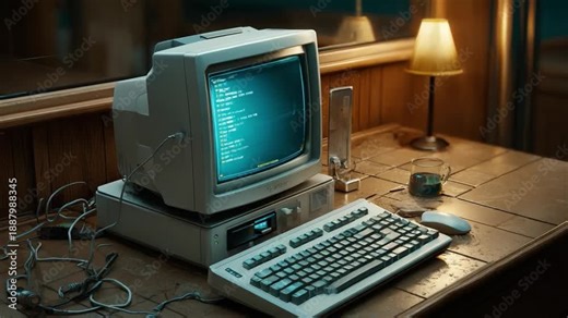 Vintage Desktop Setup: A classic desktop computer with its monitor displaying code, sitting on a vintage desk with a lamp, keyboard and mouse, inviting a sense of nostalgia for computing's past.