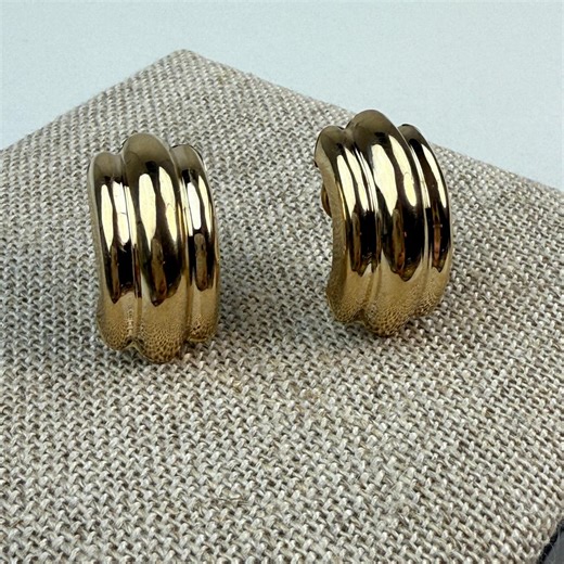 Estate Solid 14K Gold Classic Polished Ribbed Half-hoop Earrings Omega Back - Etsy