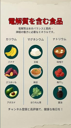 電解質が摂れる食べ物｜体調管理の基本 #電解質 #電解質食品 #カリウム #ナトリウム #マグネシウム#健康習慣 #健康情報 #ミネラル補給 #体調管理