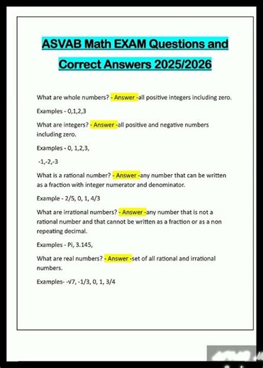 ASVAB Math EXAM Questions and Correct Answers 2025 2026pdf video