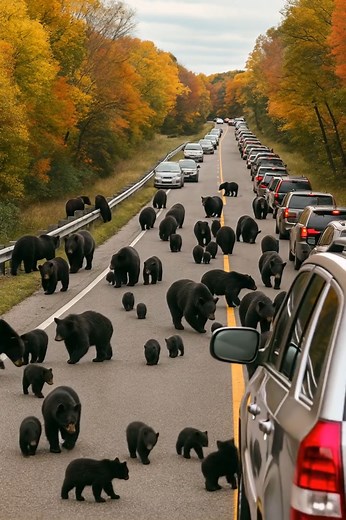 Dozens of bears burst out of the forest onto a busy highway, causing a massive traffic jam: people were in shock and couldn’t understand what was happening until they learned the horrifying truth 😱😱 My husband and I were driving along the highway, as usual — calm and peaceful, surrounded by the autumn forest. Normally, there are no traffic jams here: the road is straight, there aren’t many cars, and everyone drives fast. But that day, everything was different. In front of us, cars stood still,