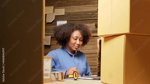 African American female worker in safety uniform using bar code scanner to check shipment orders at parcels warehouse, paper manufacture factory for the packing industry, logistic transport service.