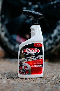 All that driving adds up—dirt, grime, and stubborn brake dust on your wheels and tires. Break it down fast with Intense Foam Wheel & Tire Cleaner. Find yours at: https://bit.ly/4s4vztR. | Black Magic Car Care