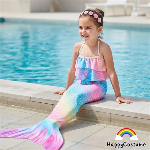 Rainbow Mermaid Tail Swimsuit – Girls 2-piece Pool Costume - Etsy