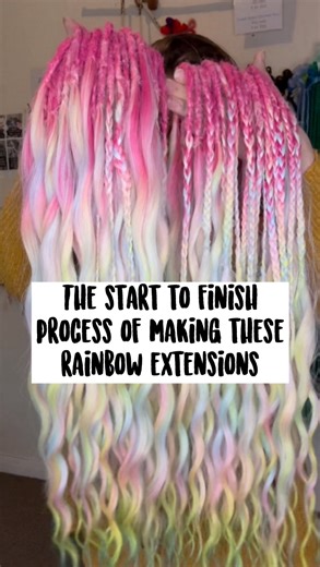 Make this set of 50 rainbow synthetic extensions with me! 😍😍 This show the whole process from sectioning out the hair all the way to drying them after steaming. We put a lot of care into each and every extension we make here. 🥰 #syntheticextensions #rainbowdreadlocks #rainbowhair #braidindreadlocks | Lunalockshop