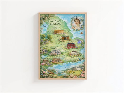 Jane Austen Map of England Print | Literary Locations Wall Art | Pemberley, Longbourn & Kellynch Hall | Regency Book Lover Gift - Etsy