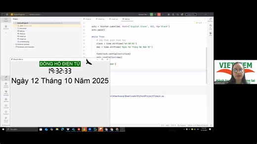 ⏰ ĐỒNG HỒ ĐIỆN TỬ – NGUYỄN KHẮC HOÀNG (Lớp Lập trình Python VS0797) 💻✨ Với sự hướng dẫn của cô giáo, Nguyễn Khắc Hoàng đã nắm vững kiến thức cơ bản về lập trình Python để tạo nên sản phẩm Đồng Hồ Điện Tử hoàn chỉnh. Sản phẩm của em có bố cục rõ ràng, hiển thị thời gian chính xác, thể hiện tư duy logic, khả năng sáng tạo và sự chăm chỉ trong học tập. 👏 🌟 Một sản phẩm đáng khen, cho thấy Hoàng đã biết vận dụng kiến thức để tạo ra sản phẩm thực tế và hữu ích! Link dự án : https://www.youtube.com